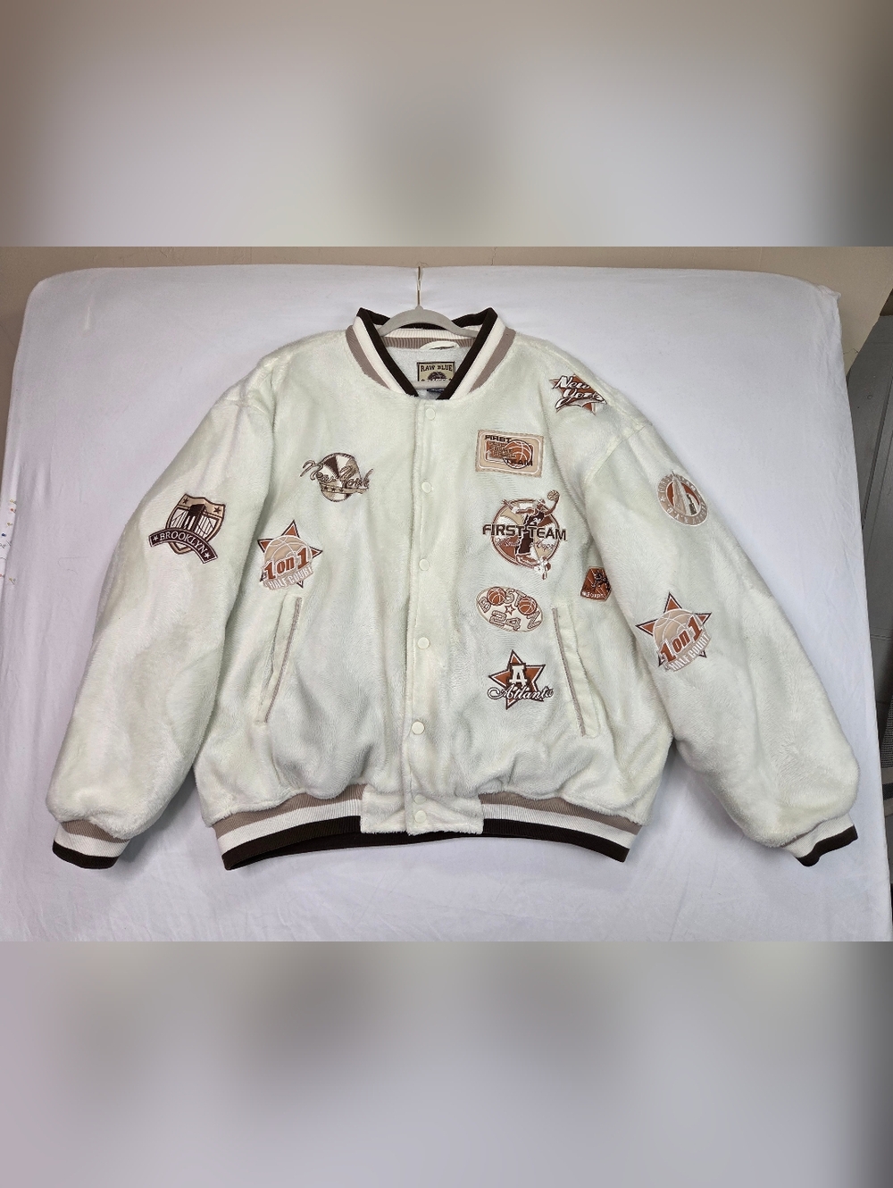 Raw Blue Classics Varsity Jacket 2XL Faux Fur Sherpa Bomber Y2K Basketball Patch